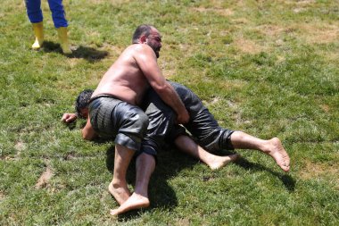 Istanbul, Türkiye - 12 Mayıs 2018: Petrol güreşçiler Etnospor Kültür Festivali sırasında rekabet. Yağlı güreş yağlı güreş olarak da bilinir Türk geleneksel spor dalıdır.