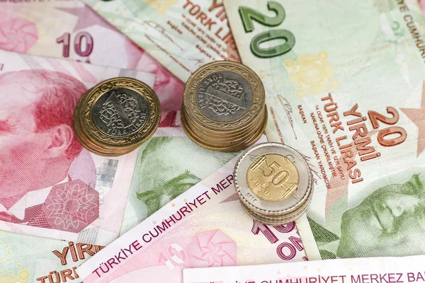 Банкноты Монеты Турецкой Лиры — стоковое фото