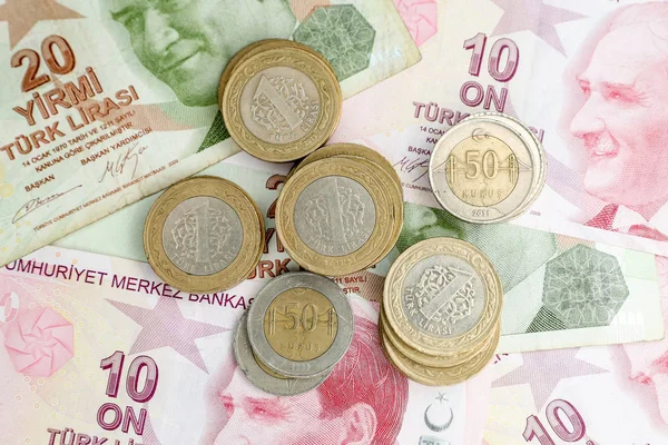 Various Turkish Lira Banknotes Coins Bunch — Stock Photo, Image
