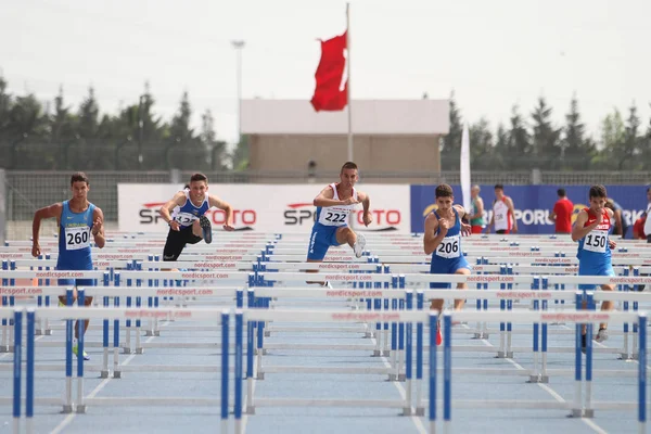 Istanbul Turkey June 2018 Athletes Running 110 Metres Hurdles Balkan — Stock Photo, Image