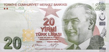Yirmi Türk lirası. TL Türkiye Cumhuriyeti 'nin resmi para birimidir.