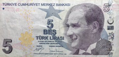 Beş Türk lirası. TL Türkiye Cumhuriyeti 'nin resmi para birimidir.