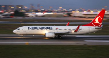 ISTANBUL, TURKEY - AUGUST 05, 2018: Turkish Airlines Boeing 737-8F2 (CN 40988) takes off from Istanbul Ataturk Airport. THY is the flag carrier of Turkey with 338 fleet size and 300 destinations clipart
