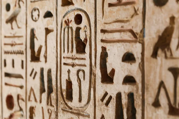Egyptské hieroglyfy v chrámu Medinet Habu, Luxor, Egypt — Stock fotografie