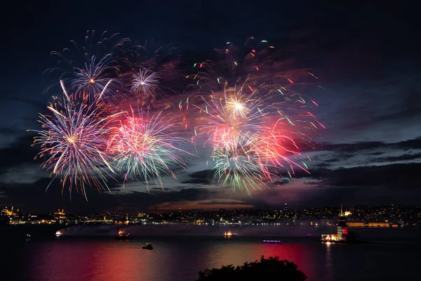 Fireworks Bosphorus Strait Istanbul City Turkey — Stock Photo, Image