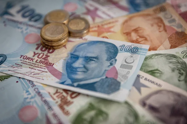 Банкноты Монеты Турецкой Валюте — стоковое фото