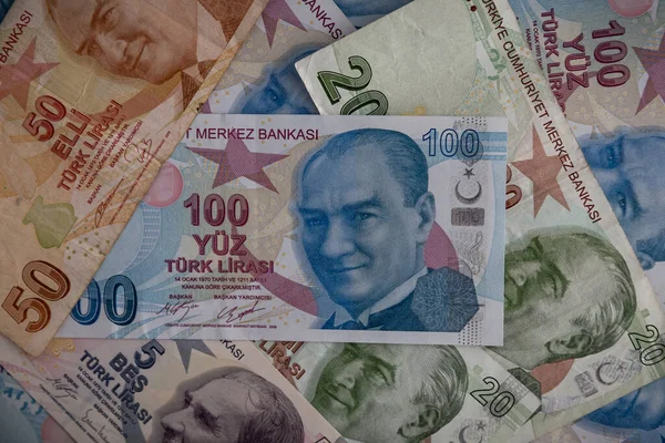 Flera Olika Turkiska Valutor Lira Sedlar — Stockfoto