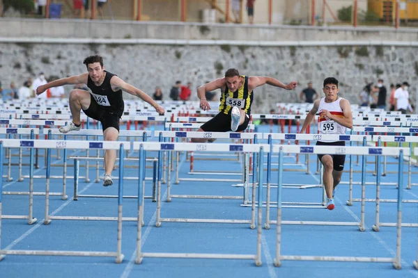 Istanbul Turkey August 2020 Athletes Running 100 Metres Hurdles Turkish — Stock Photo, Image