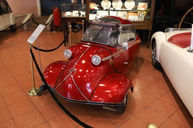 ISTANBUL, TURKEY - SEPTEMBER 20, 2020: 1960 Messerschmitt KR200 display in Rahmi M. Koc Industrial Museum. clipart
