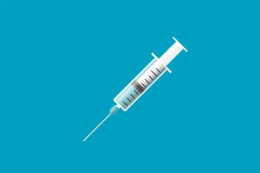 İnsan vücudu enjeksiyonları için tıbbi şırınga mavi arkaplan illüstrasyonunda iğne ve aşı