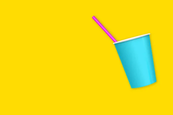 Синя Пластикова Чашка Соломою Пурпурної Соломи Ізольована Жовтому Фоні Ілюстрація — стокове фото