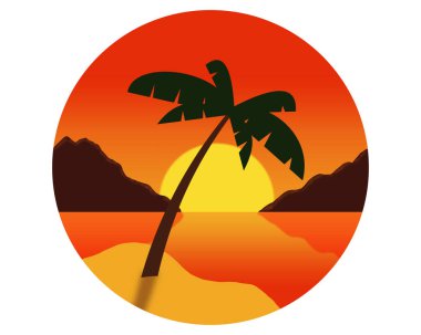 Renkli tropikal okyanus günbatımı arkaplanındaki koyu palmiye ağaçları siluetleri 3 boyutlu illüstrasyon