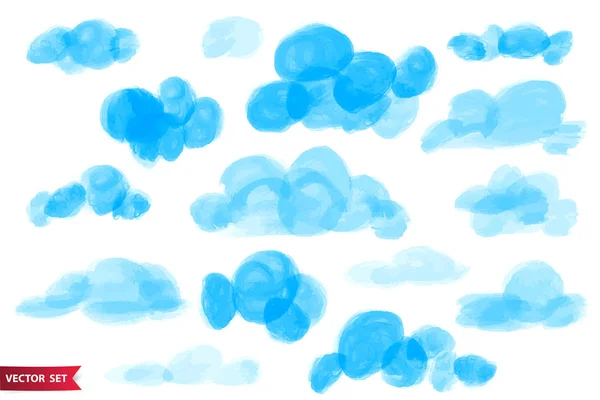 Hand getekende aquarel kijken wolken, kleurrijk geschilderde vlekken in de vorm van de wolk, set met ontwerpelementen, artistieke wolken verschillende vorm set — Stockvector