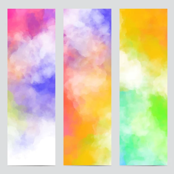 Διάνυσμα αφηρημένη πανό των πολύχρωμα φόντα με πολύχρωμα σύννεφα καπνού, πολύχρωμη σκόνη, χρώμα. Πολύχρωμα έννοια εικόνες με ρεαλιστικό σύννεφα από σκόνη Holi βαφής. — Διανυσματικό Αρχείο
