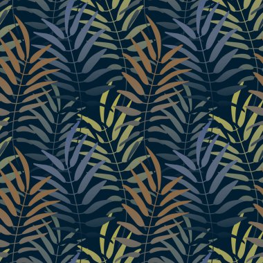 Vektör seamless modeli. Orman motifi ile renkli arka plan. Botanik tropikal arka plan.