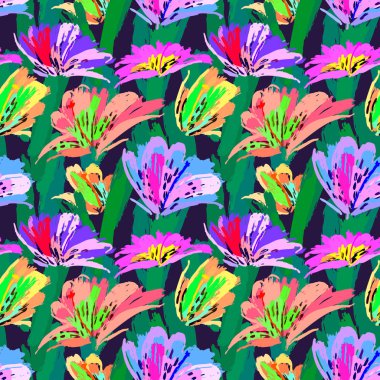 Çiçek boyama seamless modeli. Serbest el renkli arka plan botanik motifi. Elle çizilmiş sanatsal arka plan.