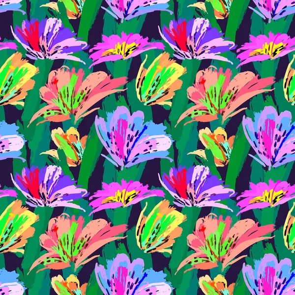 Florale Malerei nahtlose Muster. Freihändig bunter Hintergrund mit botanischem Motiv. handgezeichneter künstlerischer Hintergrund. — Stockvektor