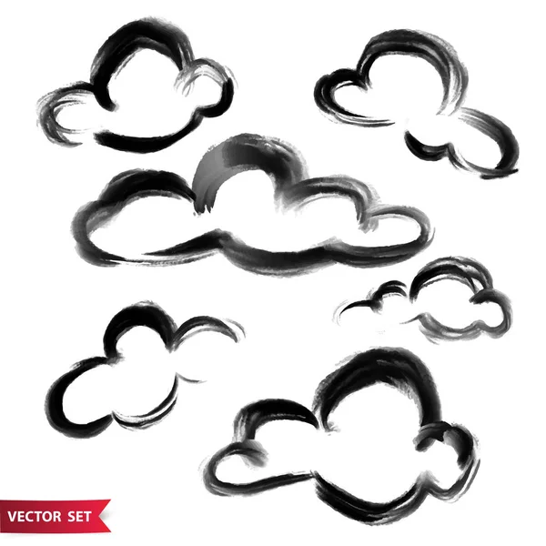 Vector set of ink drawing clouds in chinese ink art style, monochrome artistic illustration, isolated elements, hand drawn illustration. — Stock Vector