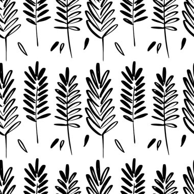 Mürekkep çizim vahşi bitkiler, tek renkli botanik illüstrasyon, çiçek öğeleri, elle çizilmiş yinelenebilir arka plan Dikişsiz desen vektör.
