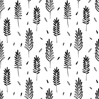 Mürekkep çizim vahşi bitkiler, tek renkli botanik illüstrasyon, çiçek öğeleri, elle çizilmiş yinelenebilir arka plan Dikişsiz desen vektör.