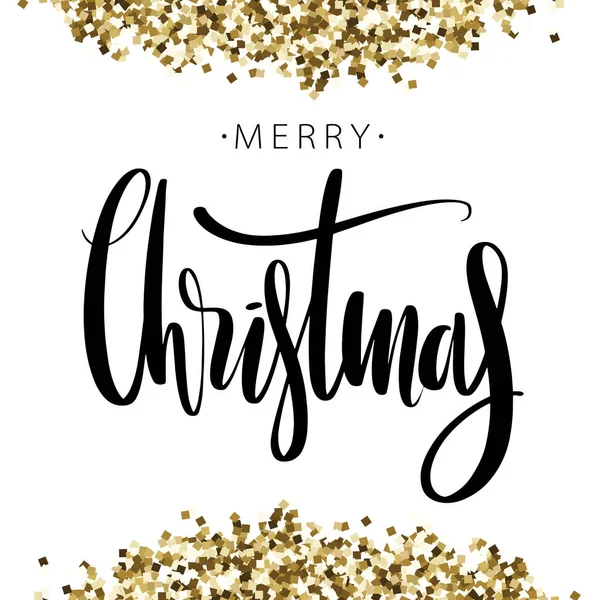 Feliz frase de Navidad en el fondo con brillo dorado. Caligrafía creativa dibujada a mano y letras de lápiz de pincel, diseño para tarjetas de felicitación e invitaciones navideñas . — Vector de stock