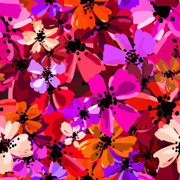Naadloze patroon vector met hand tekenen van wilde bloemen, kleurrijke botanische illustratie, floral elementen, met de hand getekende herhaalbare achtergrond. Artistieke rode tinten achtergrond. — Stockvector