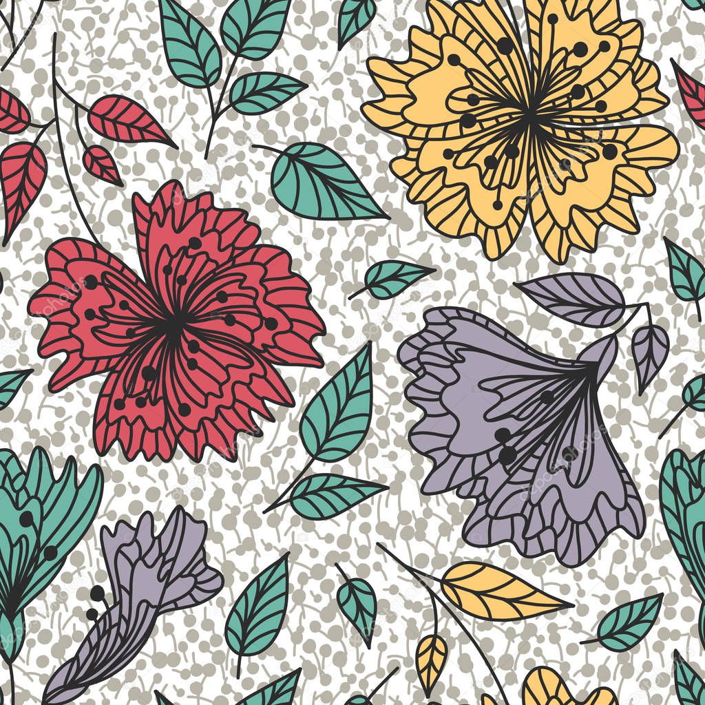 Repeatable background. Vector seamless pattern wild plants, herbs and flowers, fol artistic botanical illustration in folk style, hand drawn floral motif with outlined ornamental plants.