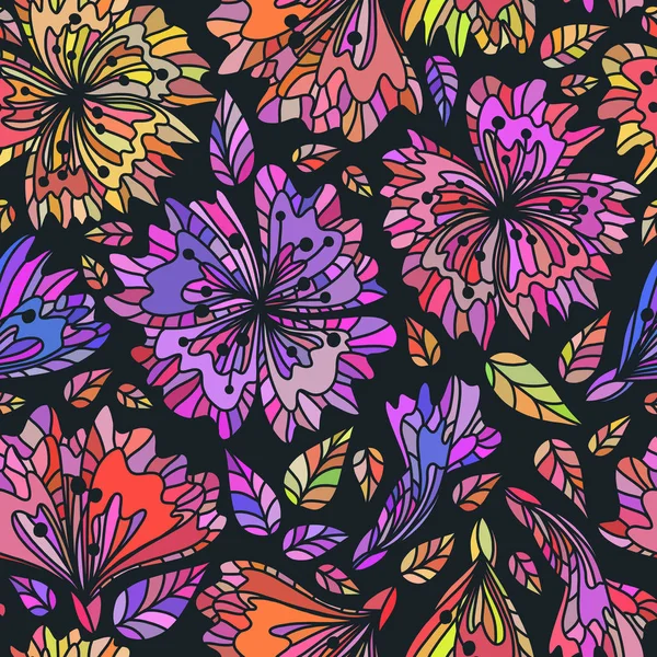 Fundo repetível. Padrão sem costura vetorial plantas silvestres, ervas e flores, fol ilustração botânica artística em estilo popular, desenhado à mão motivo floral com plantas ornamentais delineadas . —  Vetores de Stock