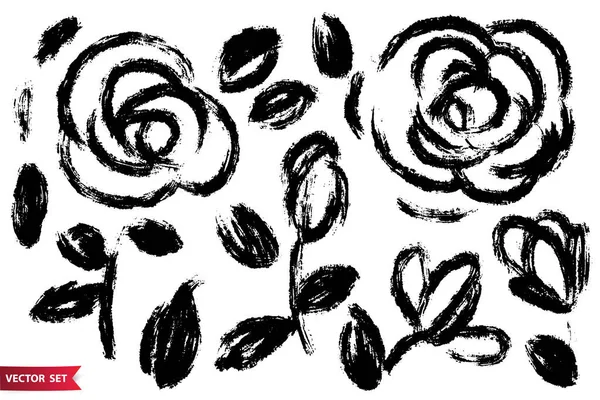 Vector set of ink drawingroses, stems ans leaves, monochrome artistic botanical illustration, isolated floral elements, hand drawn illustration. Roses in monochrome rough strokes. — Stock Vector