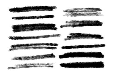 Elle çizilmiş fırça darbeleri ve lekeleri vektör kümesi. Arka plan tek renk tek renkli sanatsal elle çizilmiş. Yatay gri tonlama vuruş tasarım öğeleri olarak.