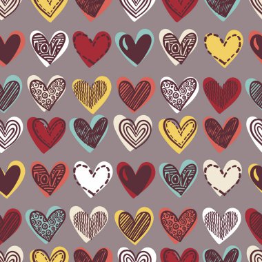 Elle çizilmiş kalpler. Vektör sorunsuz saf deseni Sevgililer günü için. Çeşitli doodle kalpleri arka plan. Çok renkli el çekilmiş yinelenebilir zemin.