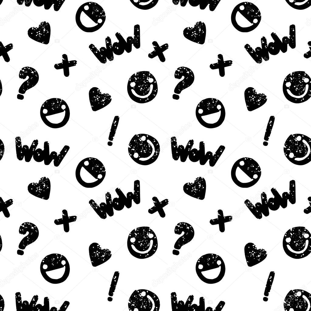 Vector seamless pattern with freehand drawing emoticons and objects. Background with letters, marks and faces. Minimalistic repeatable backdrop with textured elements. Monochrome design.
