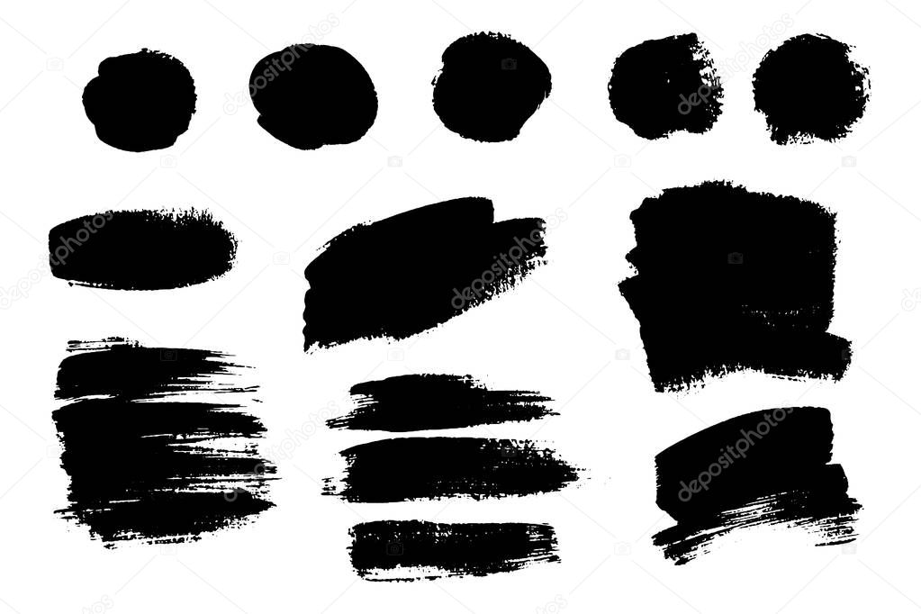 Vector set of hand drawn brush strokes, stains for backdrops. Monochrome design elements set. One color monochrome artistic hand drawn backgrounds.