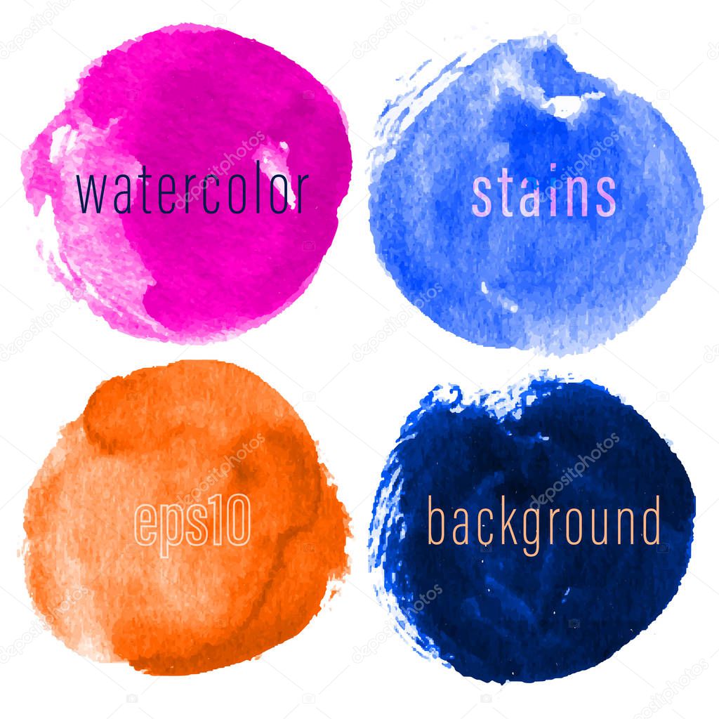 Vector set of hand drawn watercolor circles for backdrops. Hand drawn stains round shape set. Colorful artistic hand drawn backgrounds.