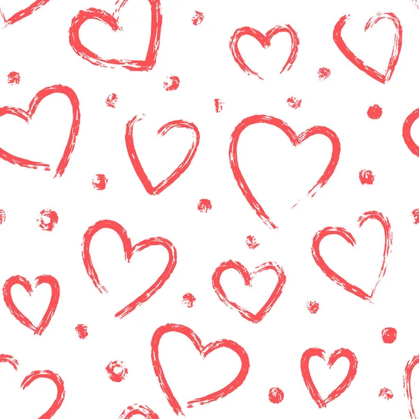 Ręcznie rysowane serca. Bezszwowe naiwny wektor wzór na Walentynki. Różnych suchym pędzlem malowane tła serca. Kolory czerwony i biały ręcznie rysowane powtarzalne tło. — Wektor stockowy
