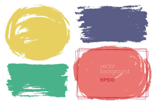 Vector set of hand drawn brush strokes and stains in various geometric shapes for backdrops. Colorful artistic hand drawn rectangular and round backgrounds.