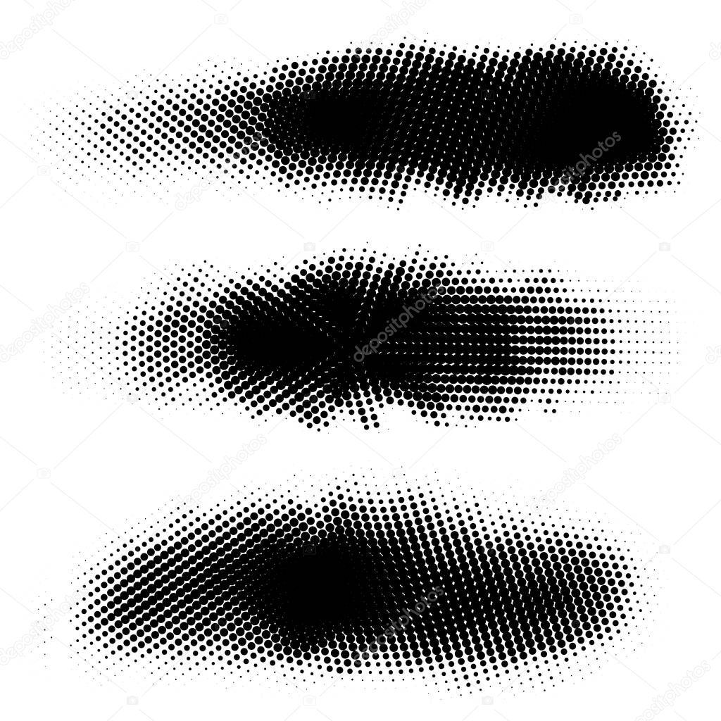 Vector set of halftone strokes, stains for backdrops. Monochrome design elements set. One color monochrome artistic backgrounds.