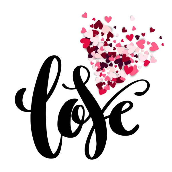 Ημέρα του Αγίου Βαλεντίνου s ημέρα δημιουργικό καλλιτεχνικό χέρι συρμένο κάρτα. Εικονογράφηση διάνυσμα. Γάμος, αγάπη, ρομαντική πρότυπο. Την λέξη αγάπη με καρδιές. — Διανυσματικό Αρχείο