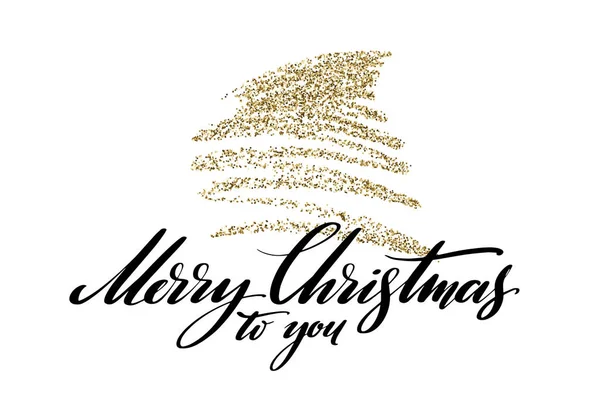 Feliz Navidad a la mano palabras escritas con el árbol de brillo dorado en el fondo. Banner de año nuevo con efectos de luz. Diseño para tarjetas de felicitación e invitaciones navideñas . — Vector de stock