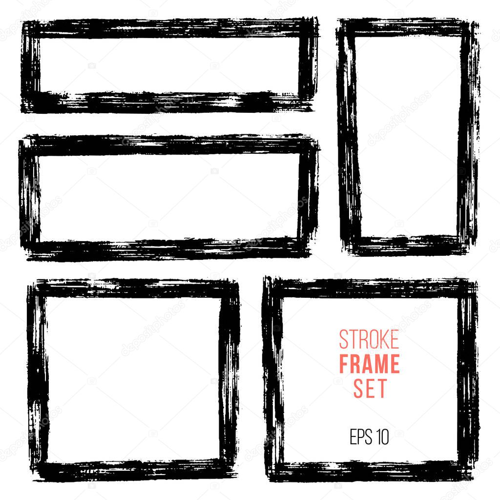 Frames drawn with a brush. Ink brush drawn empty shapes. Black color various outlined shapes. Vector image of hand drawn rectangular frames.