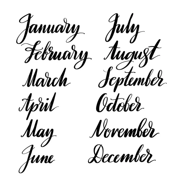 Meses del año a mano. Caligrafía creativa dibujada a mano y letras de lápiz de pincel, diseño para calendarios, carteles, tarjetas e invitaciones . — Archivo Imágenes Vectoriales