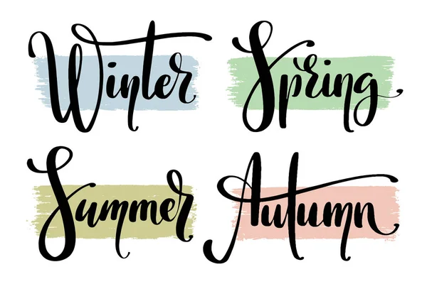 Conjunto caligráfico vetorial. Partes do ano. Nomes de estações à mão. Palavras de inverno, primavera, verão e outono sobre pinceladas . — Vetor de Stock
