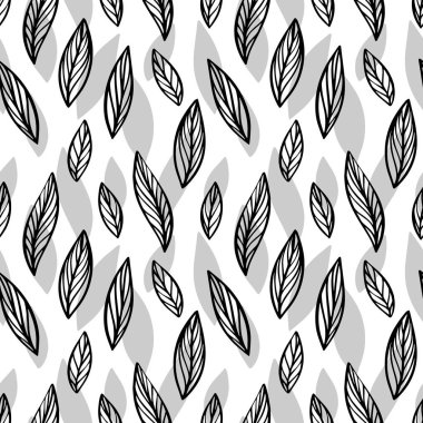 Vektör grafik Dikişsiz desen bırakır şekiller, tek renkli botanik illüstrasyon, çiçek öğeleri, elle çizilmiş yinelenebilir arka plan. Sanatsal zemin.