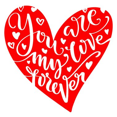 Sevgililer günü yaratıcı sanatsal el çekilmiş kartı. Vektör çizim. Evlilik, aşk, romantik şablonu. Kalbin içindeki benim aşk sonsuza kadar sözleri.