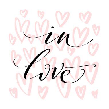 Sevgililer günü yaratıcı sanatsal el çekilmiş kartı. Vektör çizim. Evlilik, aşk, romantik şablonu. Yürekleri sevgi sözcükleri.