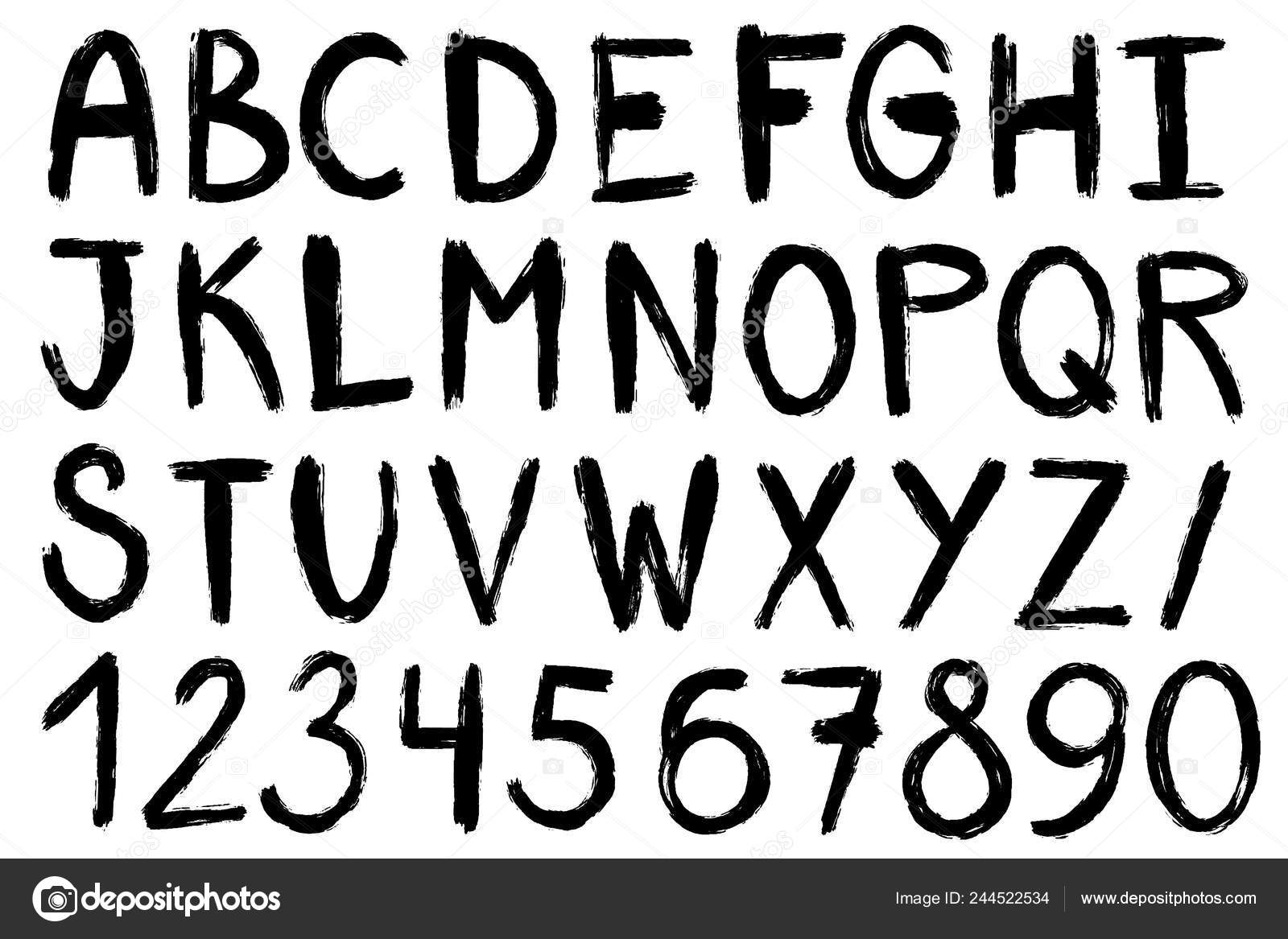 Brush pen handwritten alphabet, letters, numbers and symbols, vector font,  handmade, lettering Stock Vector