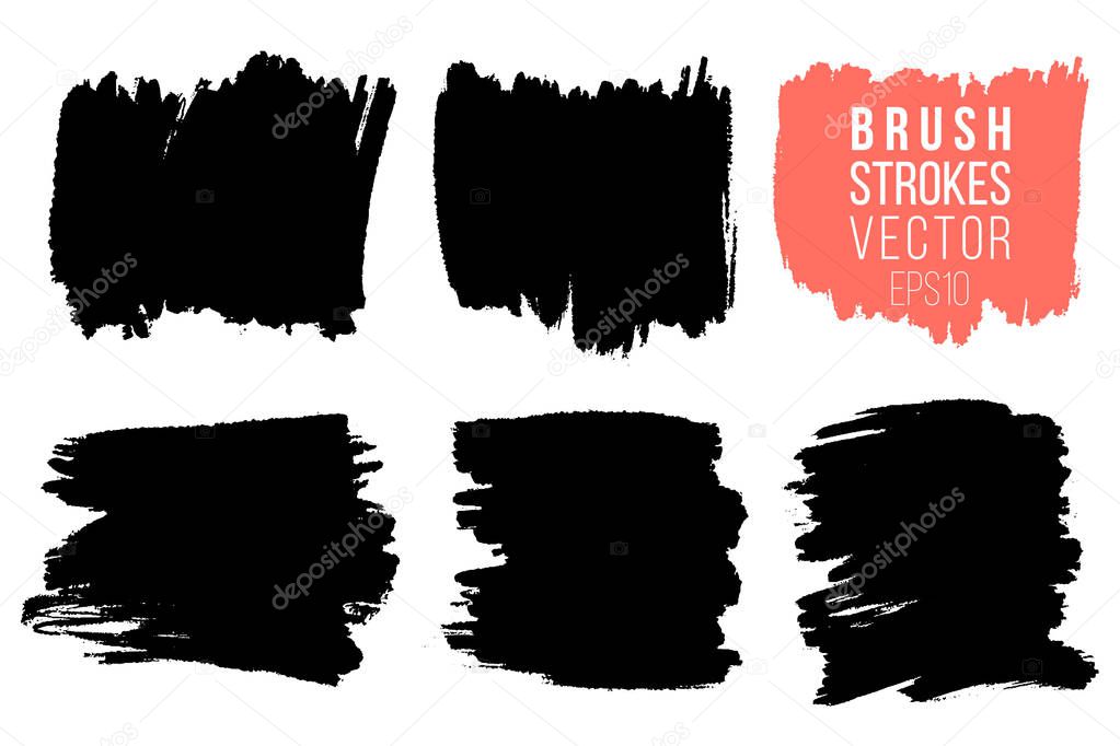 Vector set of big hand drawn brush strokes, stains for backdrops. Monochrome design elements set. One color monochrome artistic hand drawn backgrounds square shapes.
