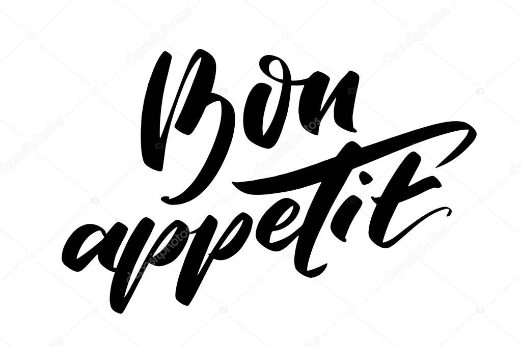 Hand drawn vector lettering. Bon appetit words by hands. Isolated vector illustration. Handwritten modern calligraphy.
