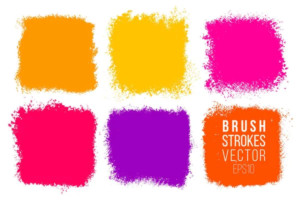Vector set of big hand drawn brush strokes with splashes, stains for backdrops. Colorful design element set. Bright color artistic hand drawn backgrounds square shapes. Painted patches. — Stock Vector