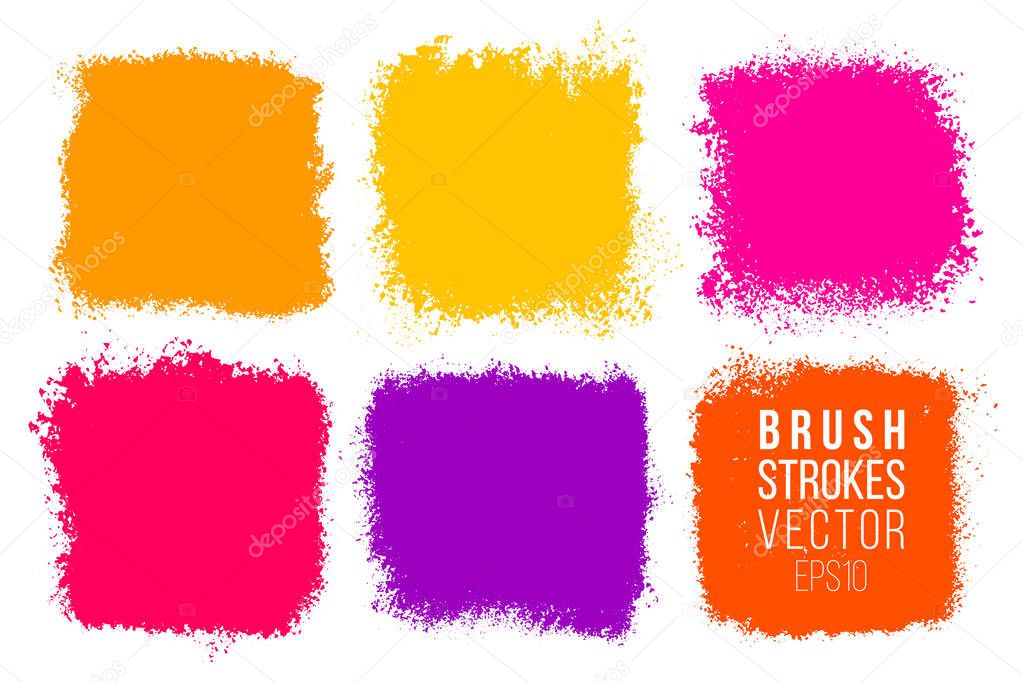 Vector set of big hand drawn brush strokes with splashes, stains for backdrops. Colorful design element set. Bright color artistic hand drawn backgrounds square shapes. Painted patches.